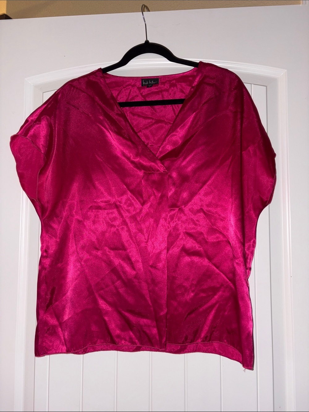 Nicole Miller Hot Pink Satin V-Neck Blouse